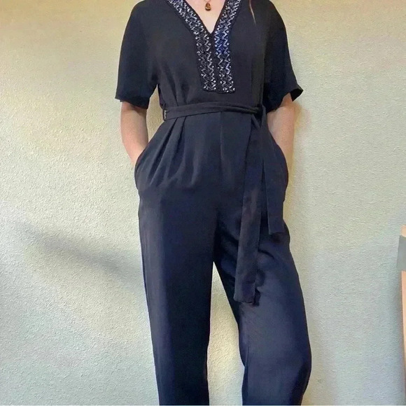French connection navy blue jumpsuit with beaded neckline - Picture 3 of 10